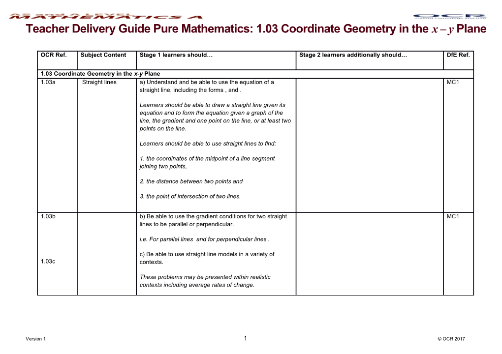 AS and a Level Mathematics a Teacher Delivery Guide Pure Mathematics: 1.03 Coordinate Geometry