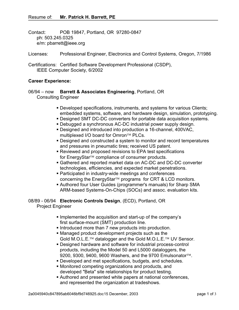 Resume Of: Patrick H. Barrett, PE