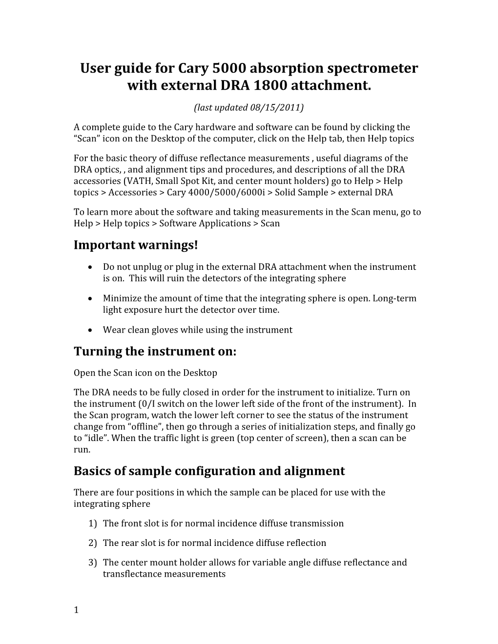 User Guide for Cary 5000 Absorption Spectrometer with External DRA 1800 Attachment