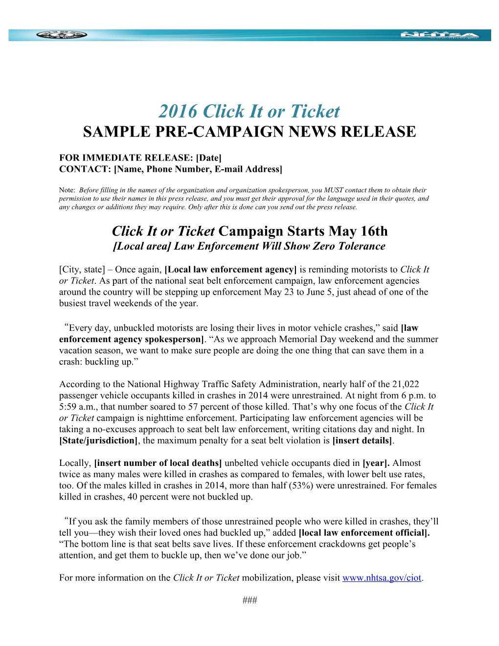 Sample Pre-Campaign News Release