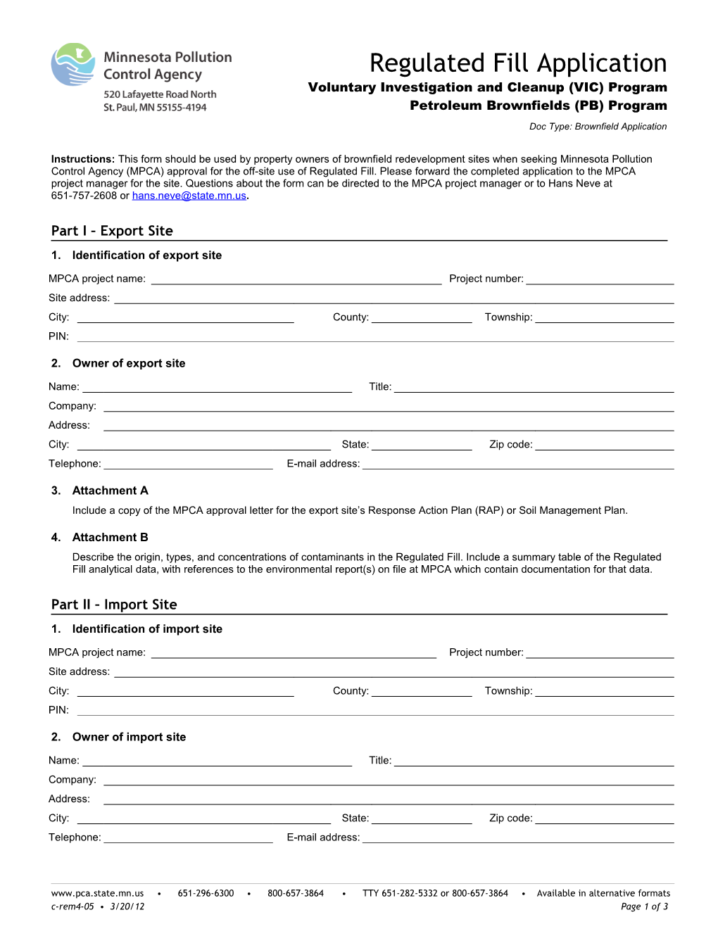 Regulated Fill Application - Form