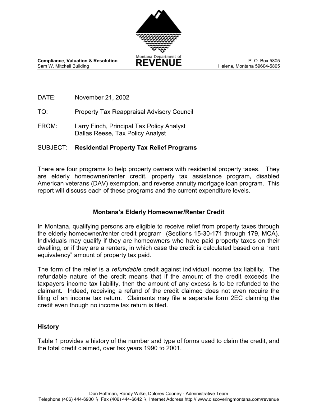 TO:Property Tax Reappraisal Advisory Council
