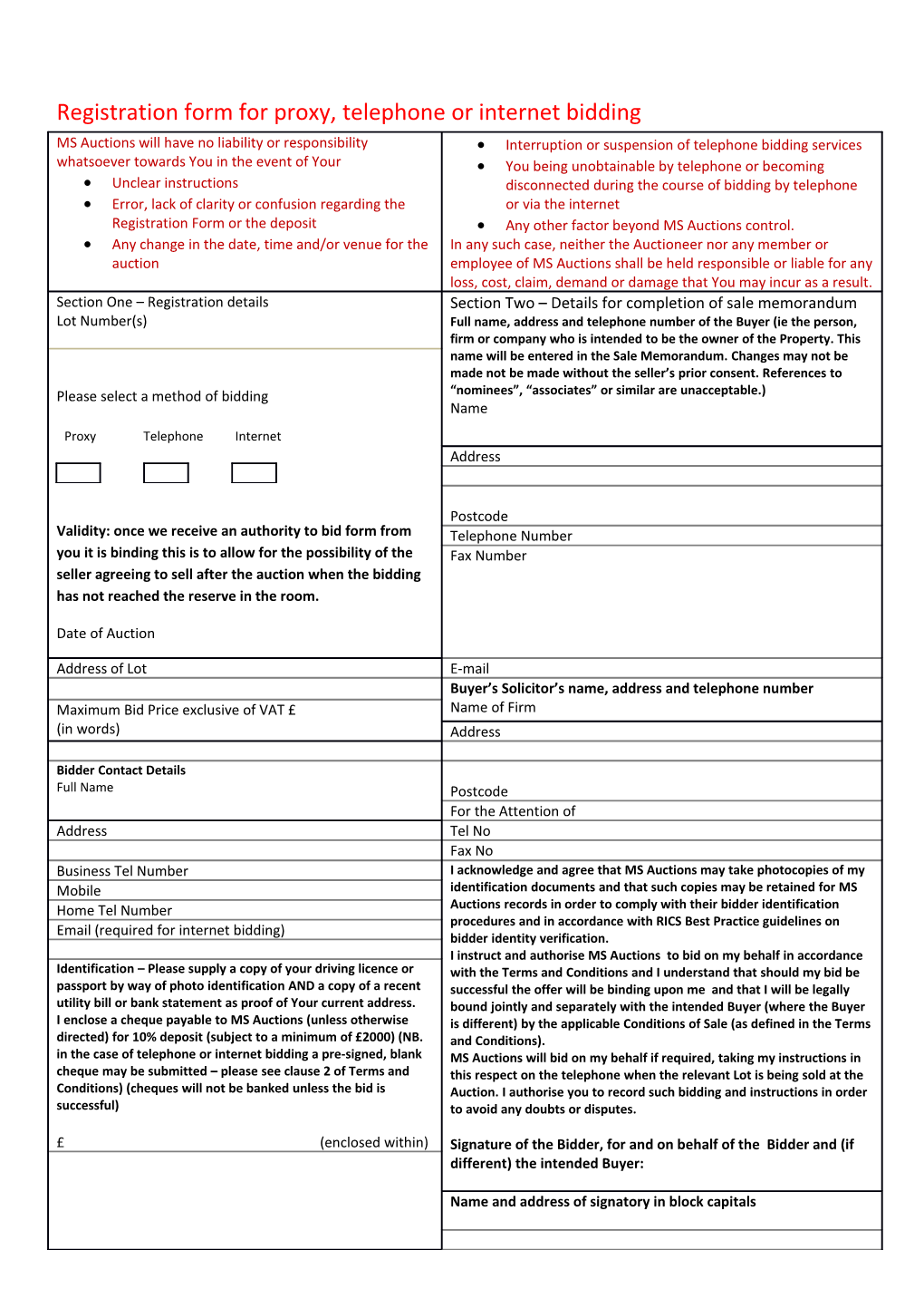 Registration Form for Proxy, Telephone Or Internet Bidding