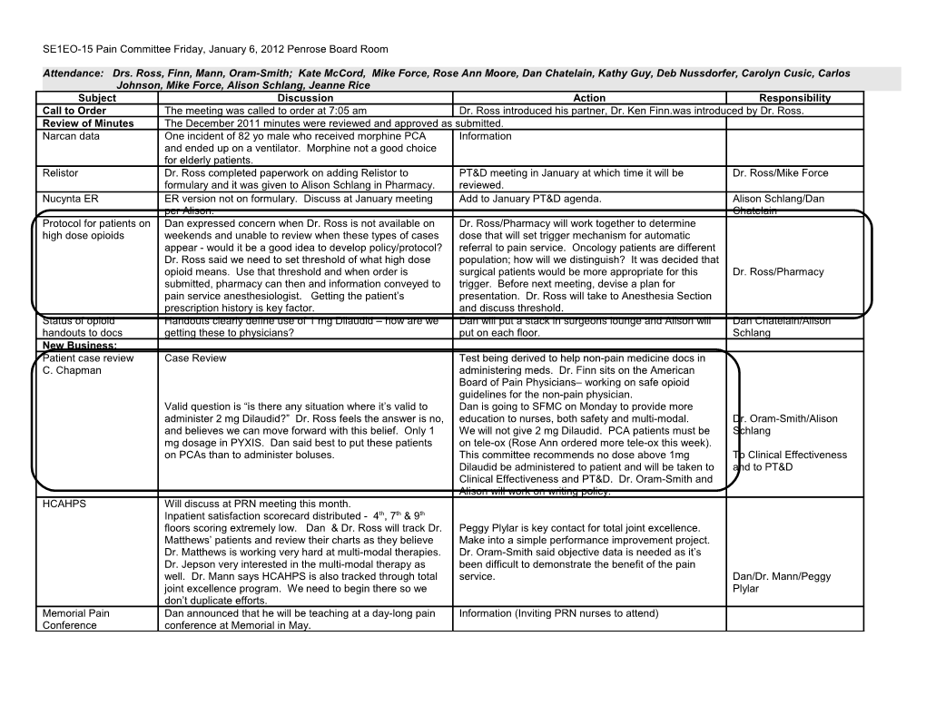 SE1EO-15 Pain Committee Friday, January 6, 2012 Penrose Board Room