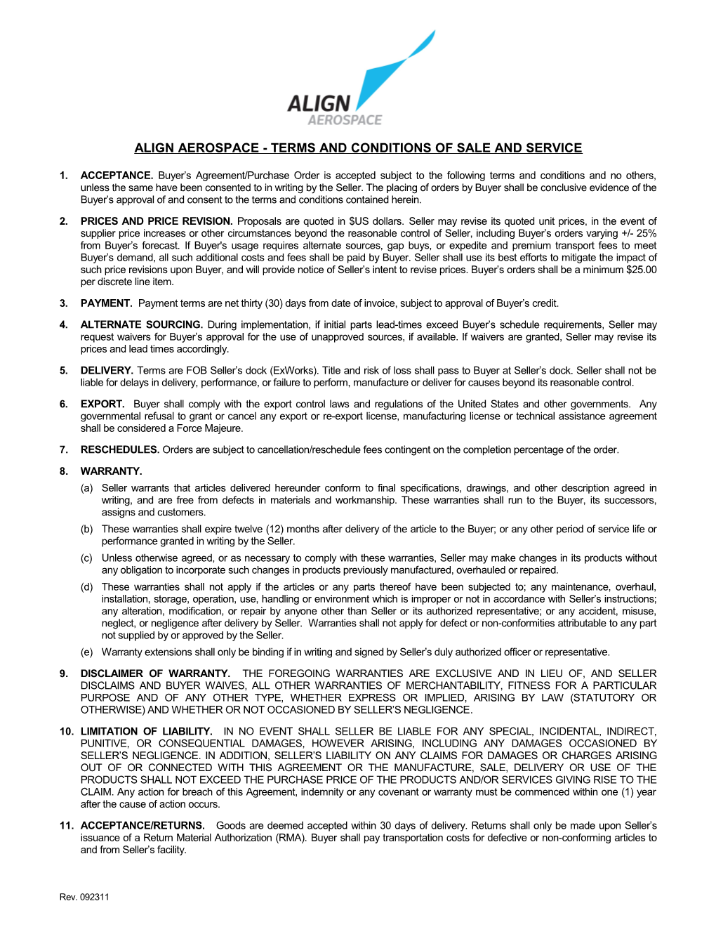 Align Aerospace - Terms and Conditions of Sale and Service