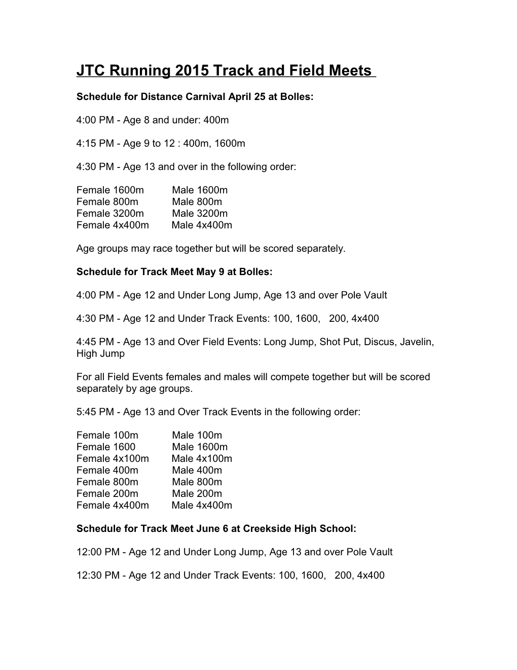 Distance Carnival April 25 Schedule