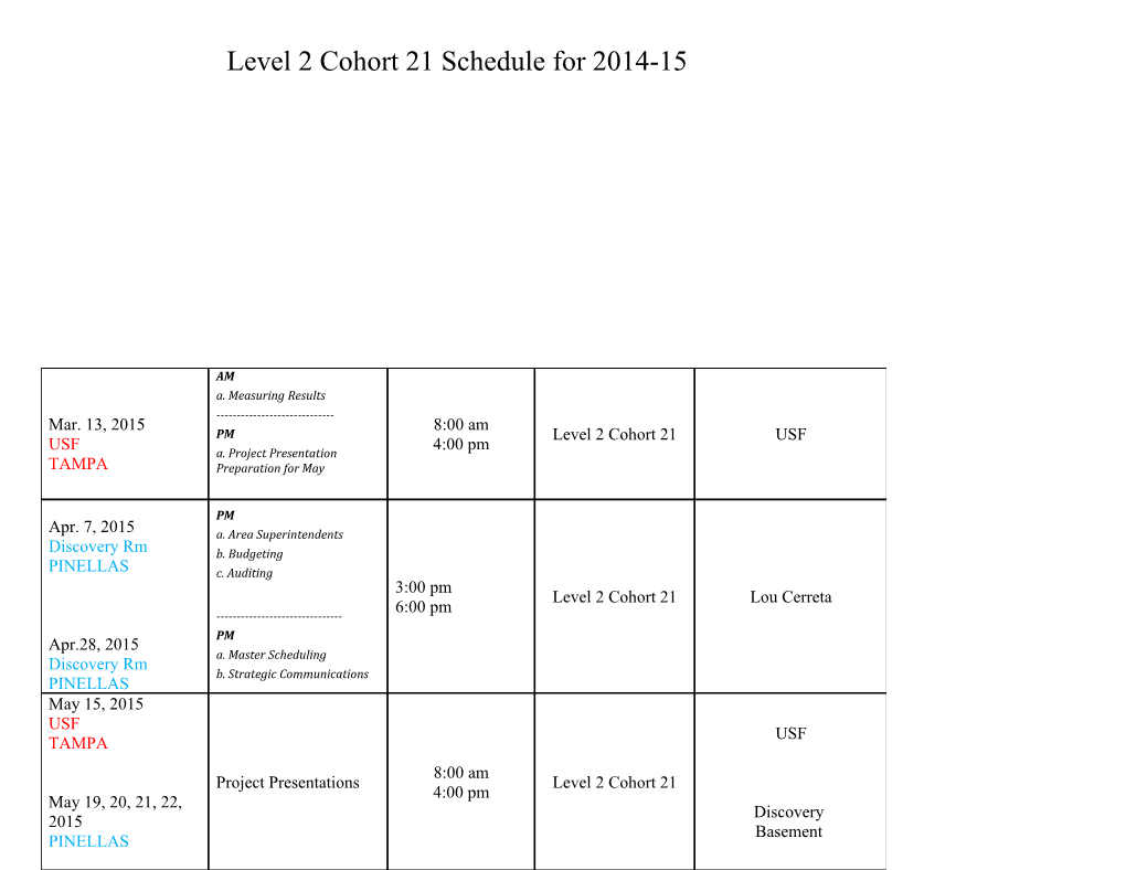 Level 2 Cohort 21 Schedule for 2014-15
