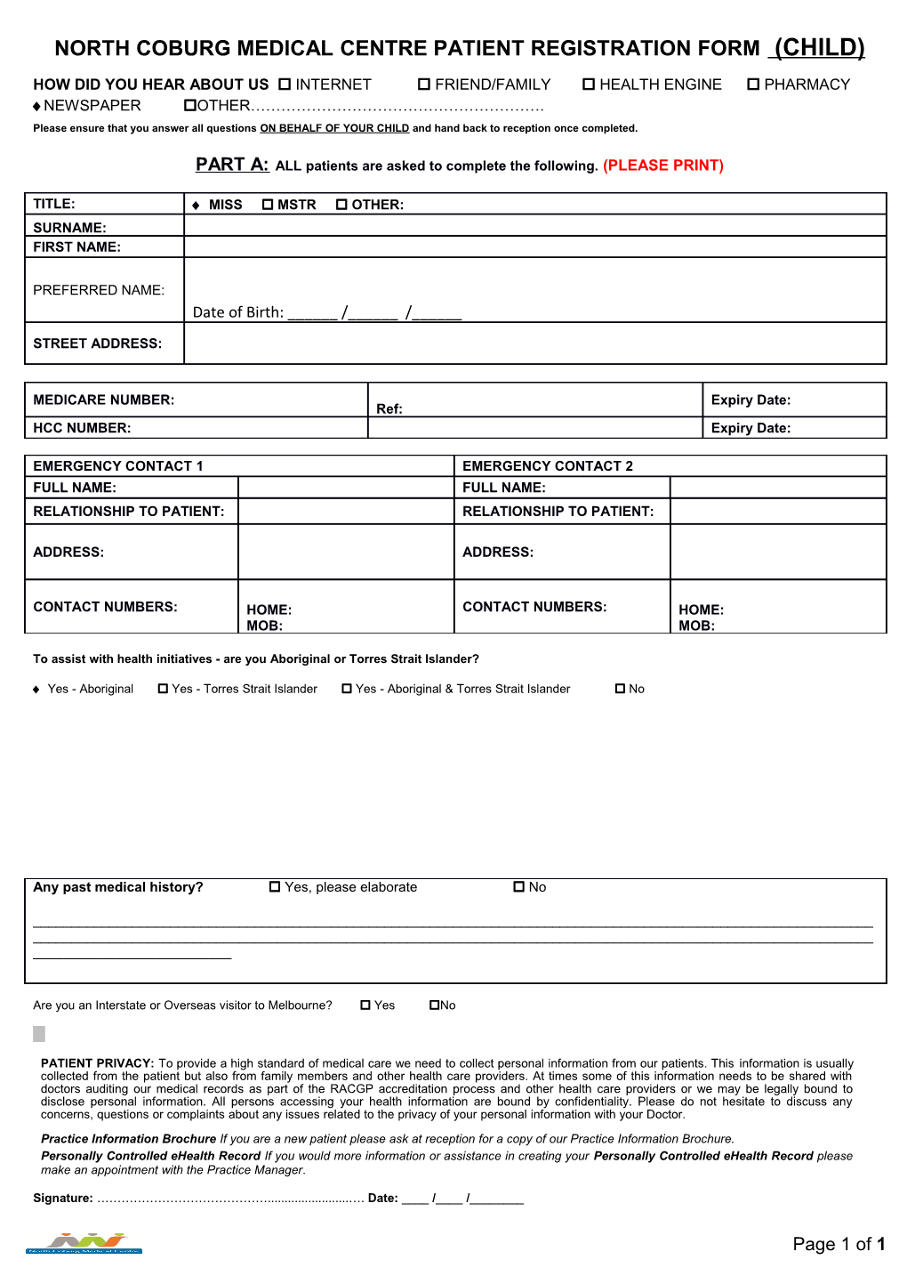 North Coburg Medical Centre Patientregistration Form (Child)