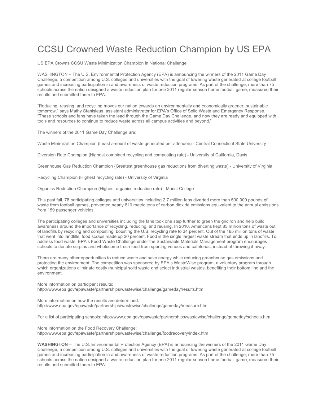 CCSU Crowned Waste Reduction Champion by US EPA