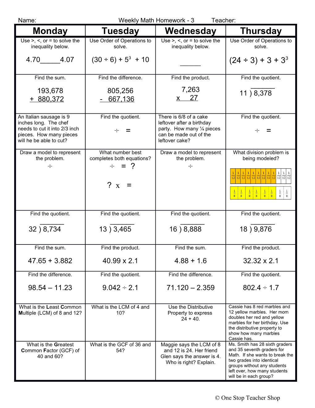 Weekly Homework Sheet