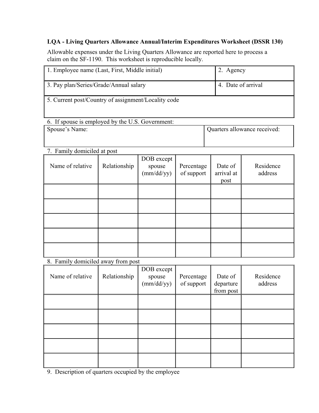 LQA - Living Quarters Allowance Annual/Interim Expenditures Worksheet (DSSR 130)