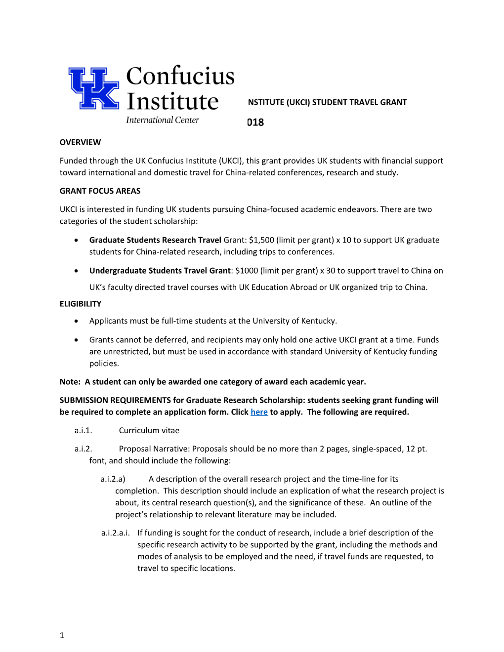 University of Kentucky Confucius Institute (Ukci) Student Travel Grant
