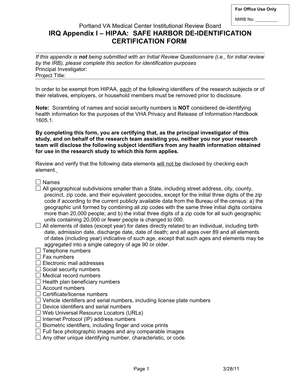 IRQ Appendix I (Portland VA Medical Center)