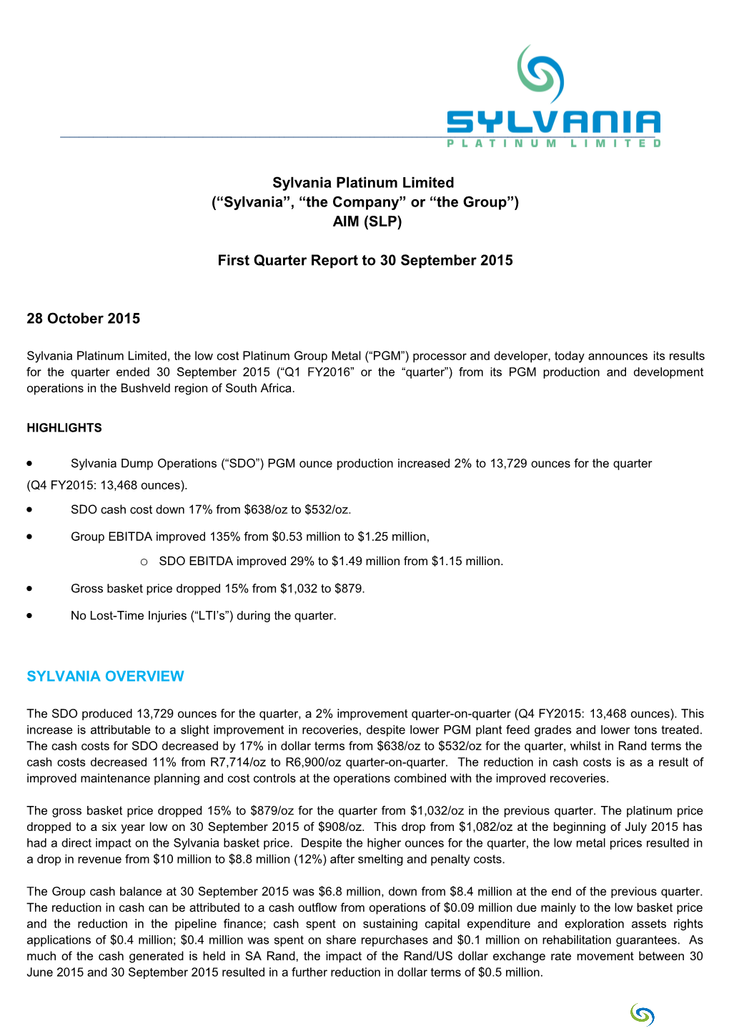 Sylvania Platinum Ltd Quarterly Report to 30 September 2012