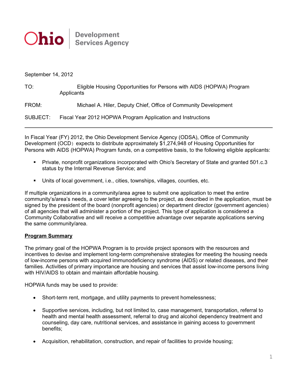 TO: Eligible Housing Opportunities for Persons with AIDS (HOPWA) Program Applicants