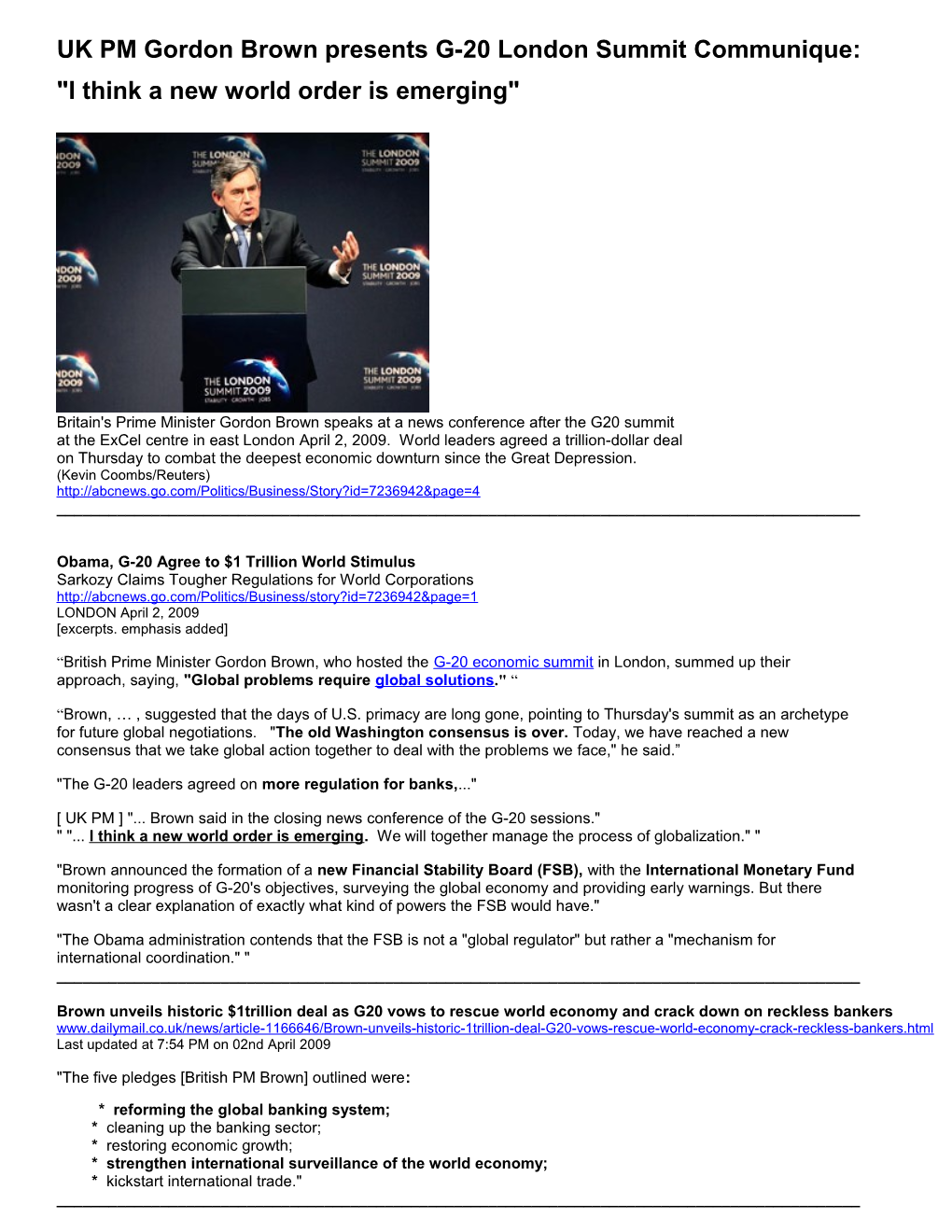 UK PM Gordon Brown Presents G-20 London Summit Communique