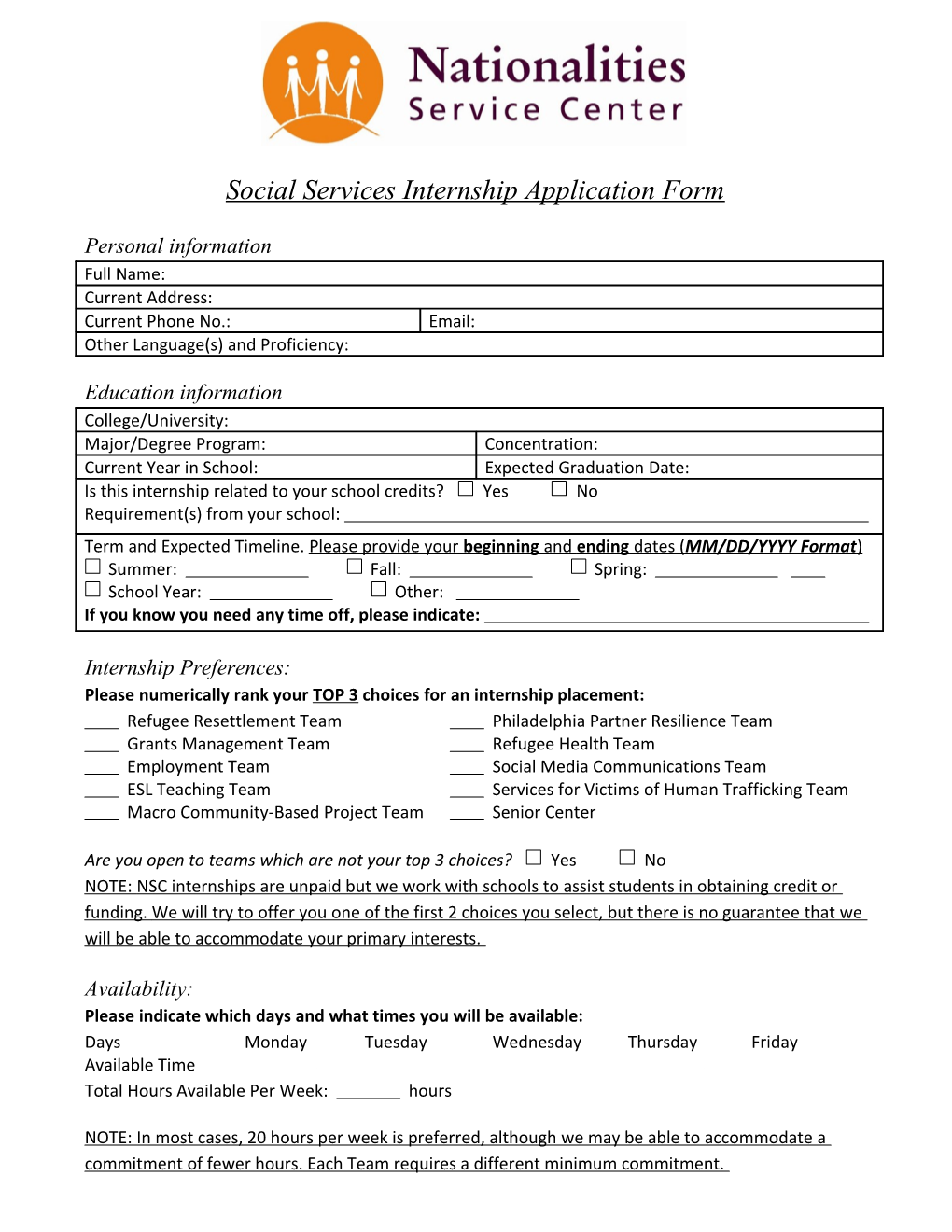 Social Services Internship Application Form