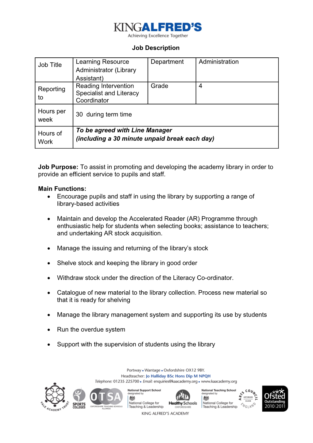 Job Description for School Library Assistant