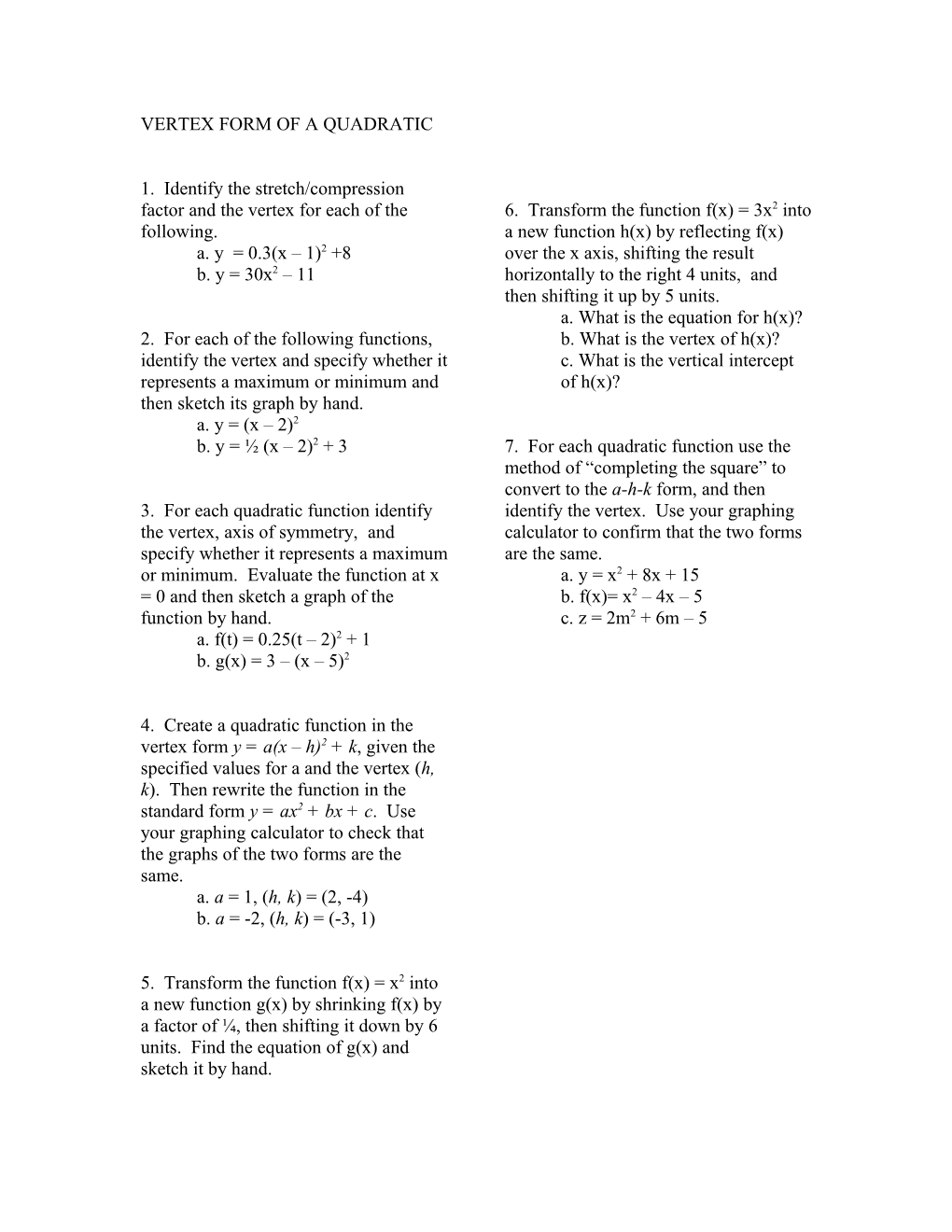 Vertex Form of a Quadratic