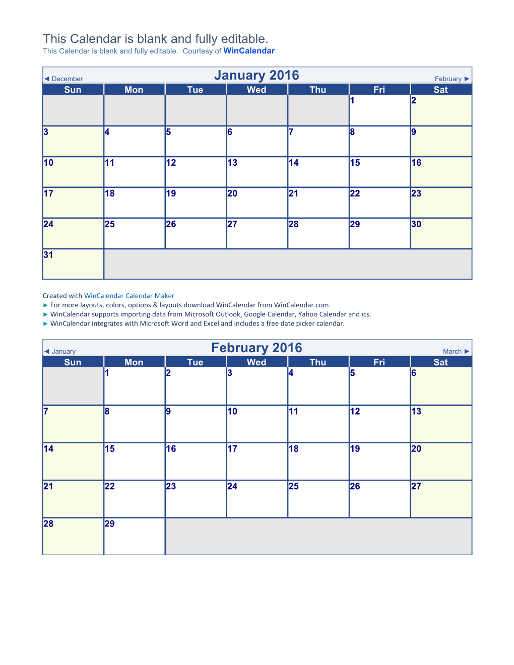 January 2016 Blank Calendar Printable Calendar