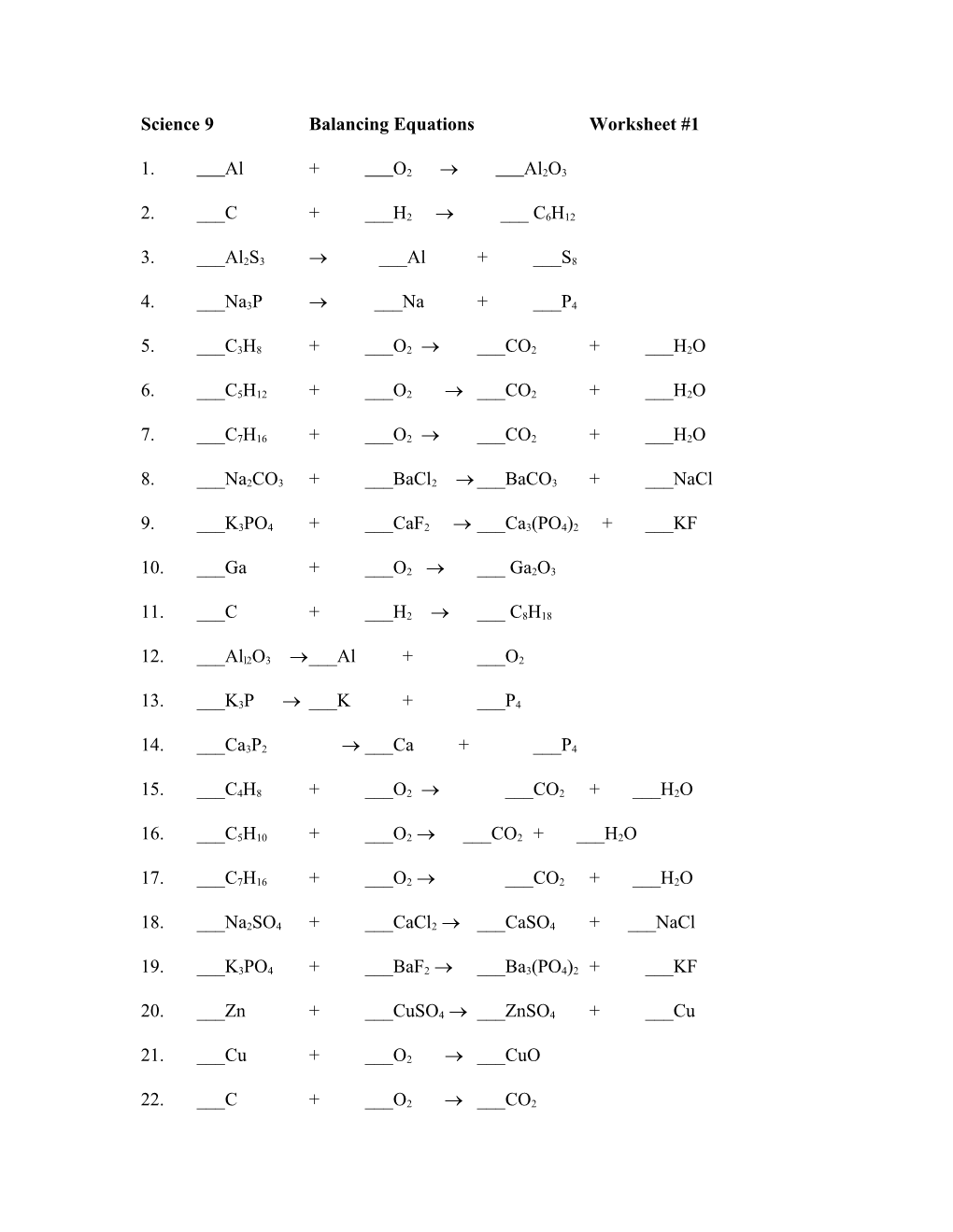 Science 9Balancing Equations Worksheet #1