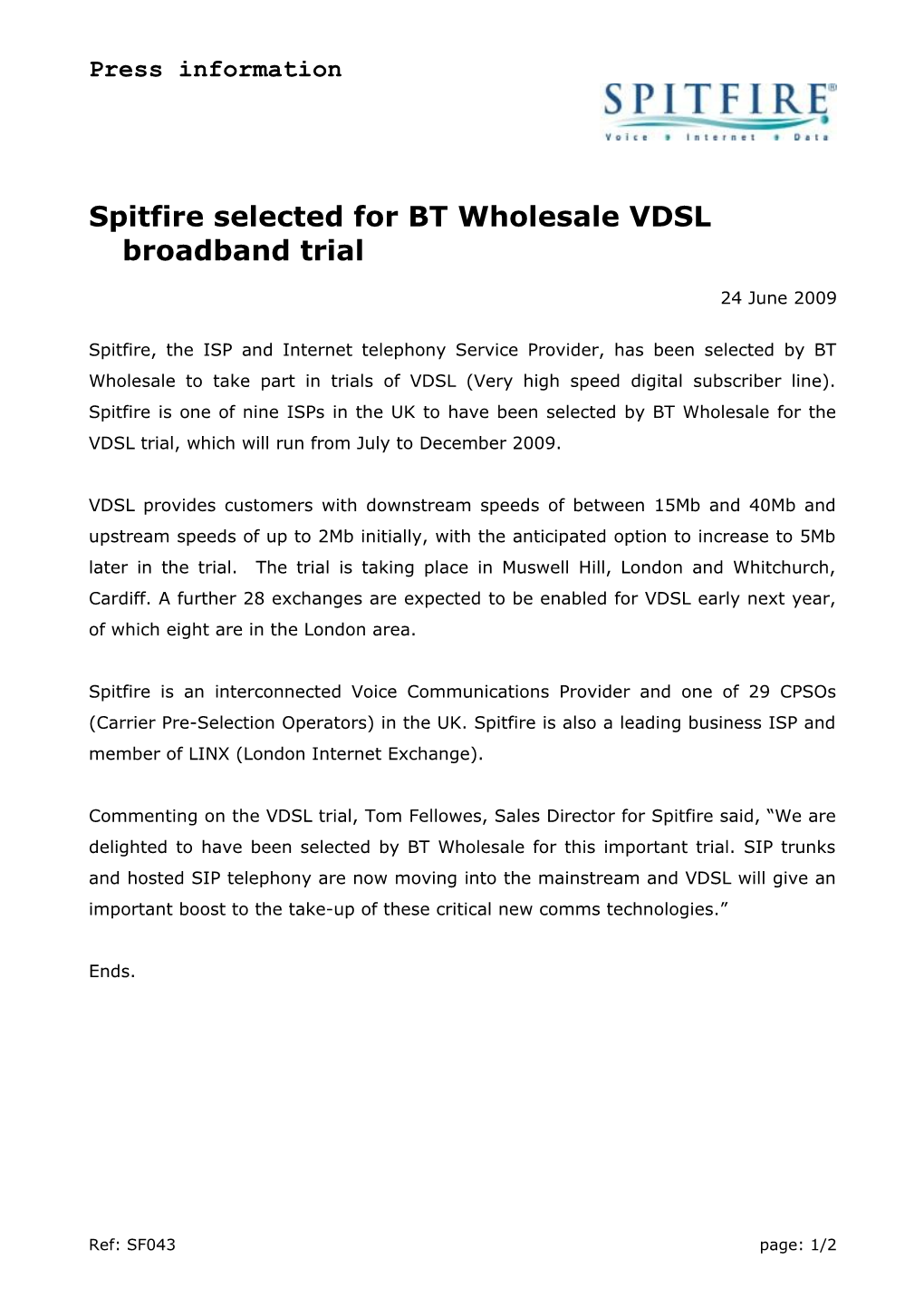 Spitfire Receives Top Nortel Reseller