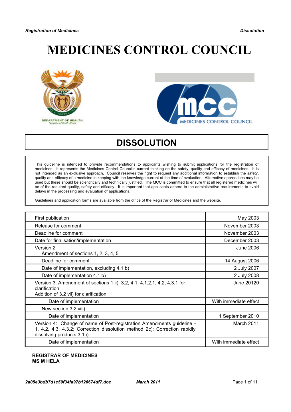 Registration of Medicinesdissolution