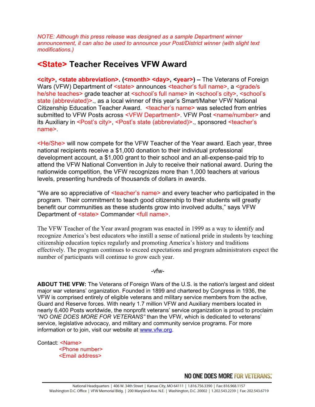 &lt;State&gt; Teacherreceivesvfw Award