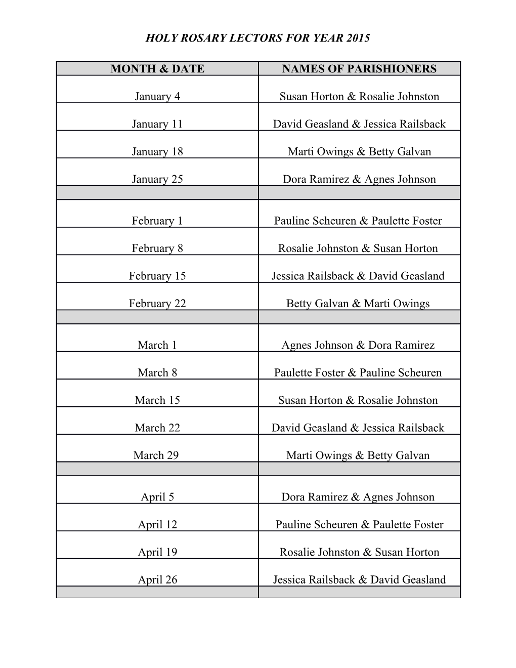Holy Rosary Lectors for Year 2015