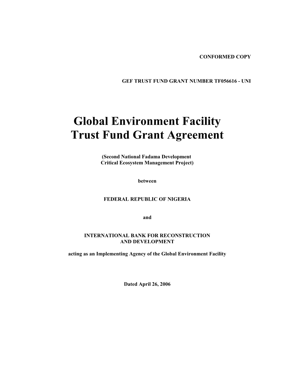 Gef Trust Fund Grant Number Tf056616 - Uni