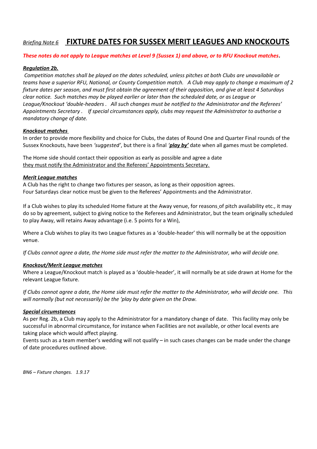 Briefing Note 6 FIXTURE DATES for SUSSEX MERIT LEAGUES and KNOCKOUTS