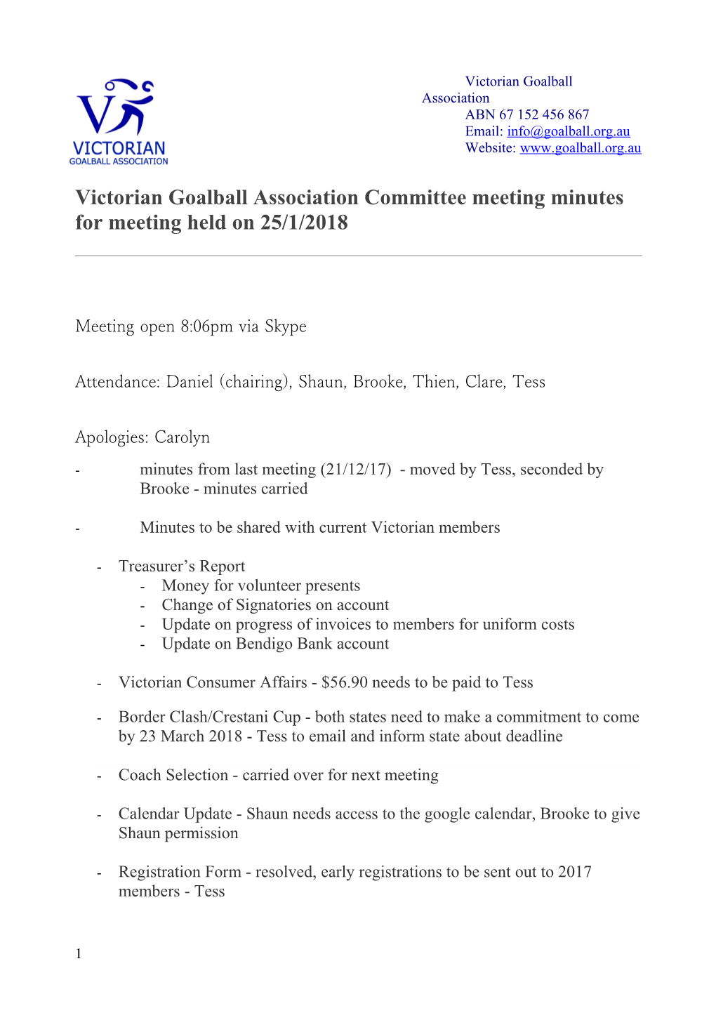 Victorian Goalball Association Committee Meeting Minutes for Meeting Held on 25/1/2018