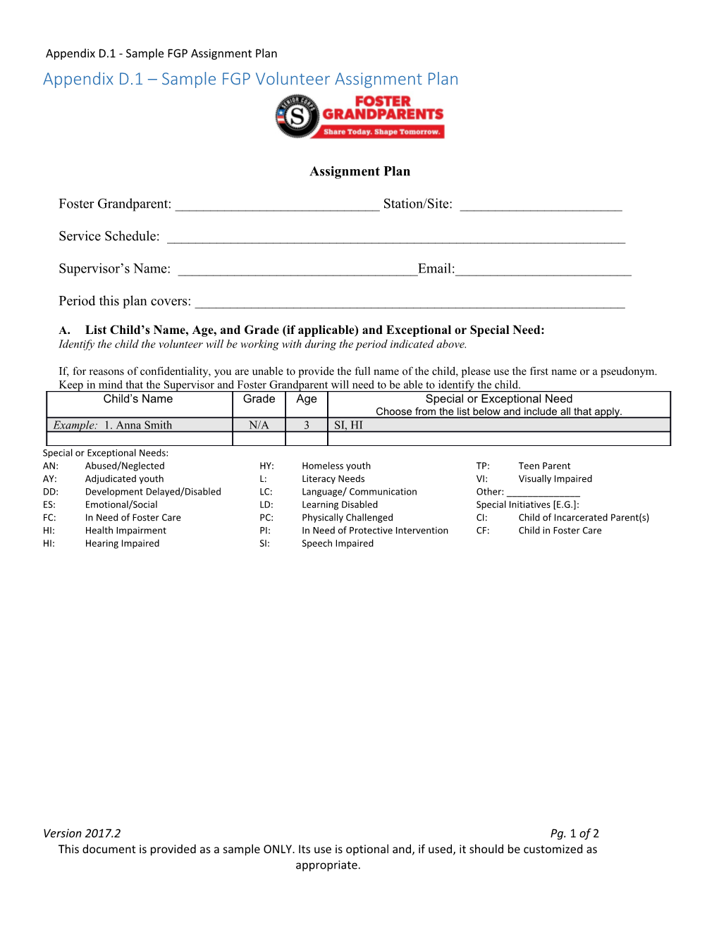 Appendix D.1 - Sample FGP Assignment Plan