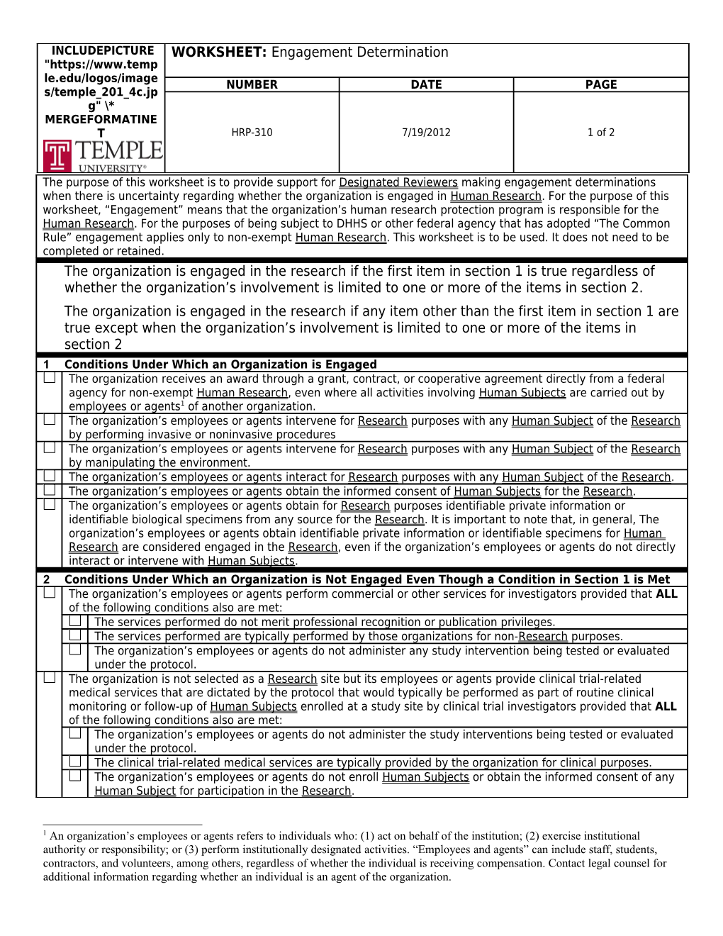 WORKSHEET: Engagement Determination