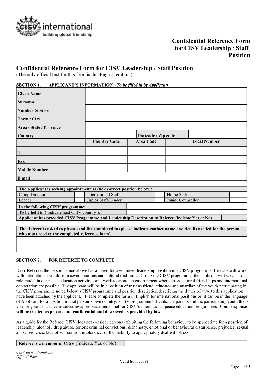 Confidential Reference Form for CISV Leadership / Staff Position