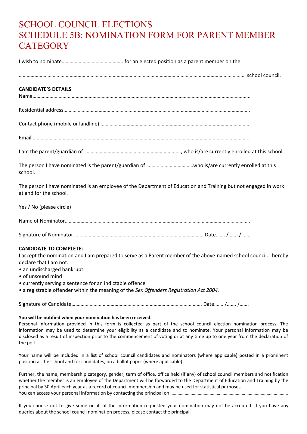 Schedule 5B - Nomination Form for Parent Member Category