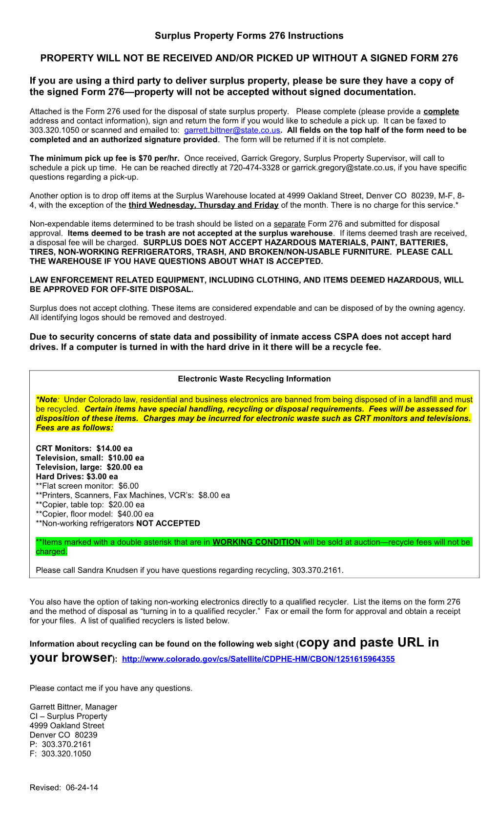 Attached Is the Form 276 Used for the Disposal of State Surplus Property