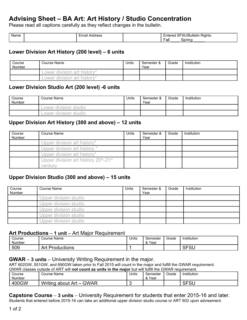 Advising Sheet BA Art: Art History / Studio Concentration