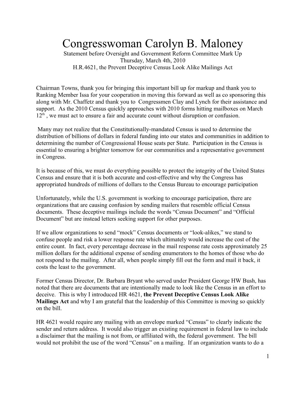 Statement by Congresswoman Carolyn B