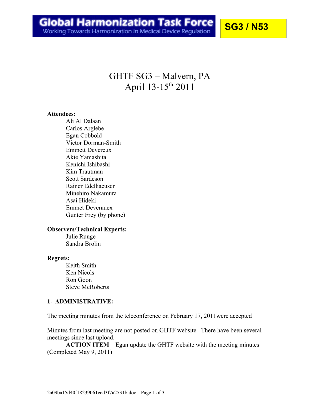 GHTF SG3 Meeting Minutes - April 2011