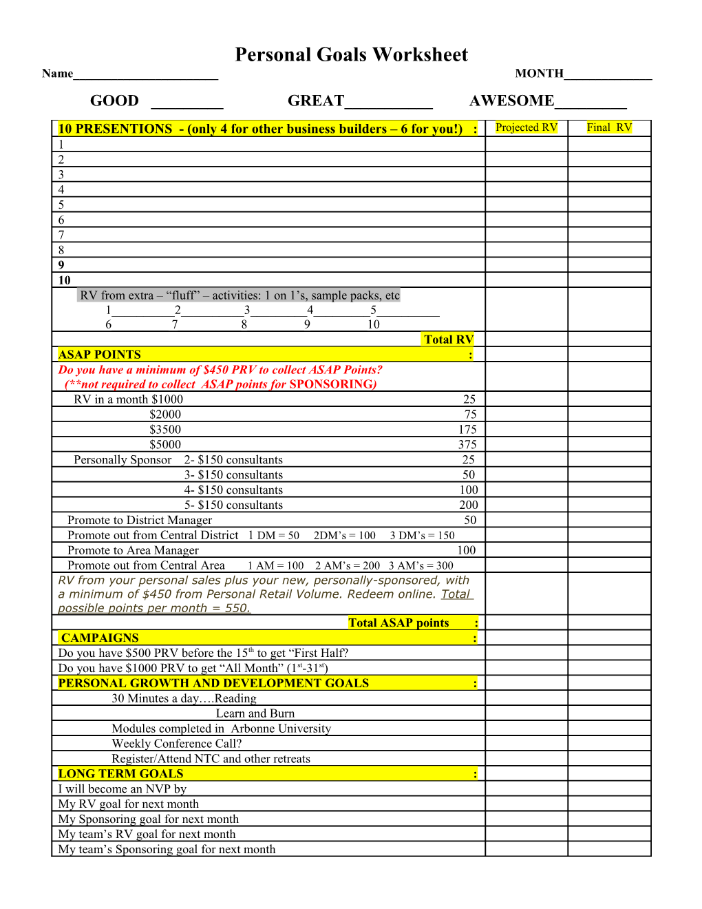 Personal Goals Worksheet