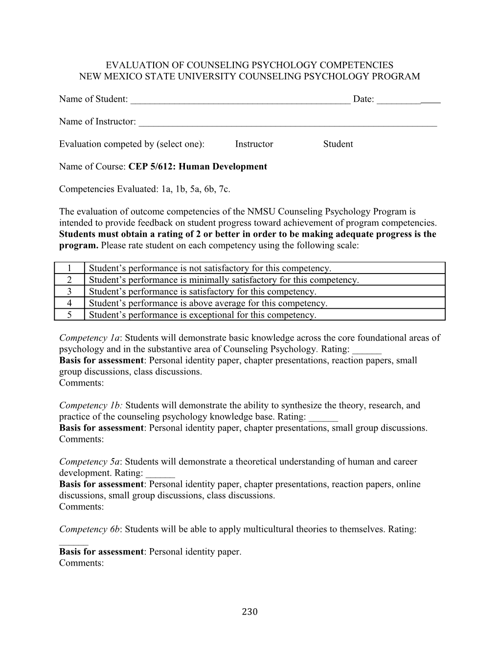 Evaluation of Counseling Psychology Competencies