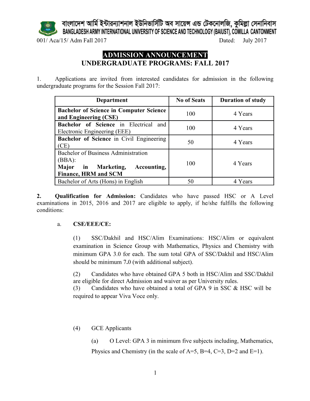 001/ Aca/15/ Adm Fall 2017Dated: July 2017