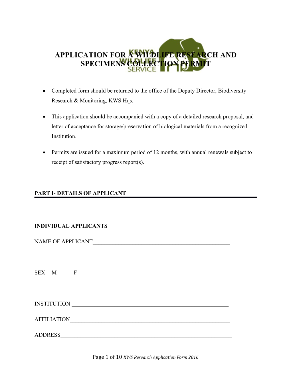 Application Form for Wildlife Research
