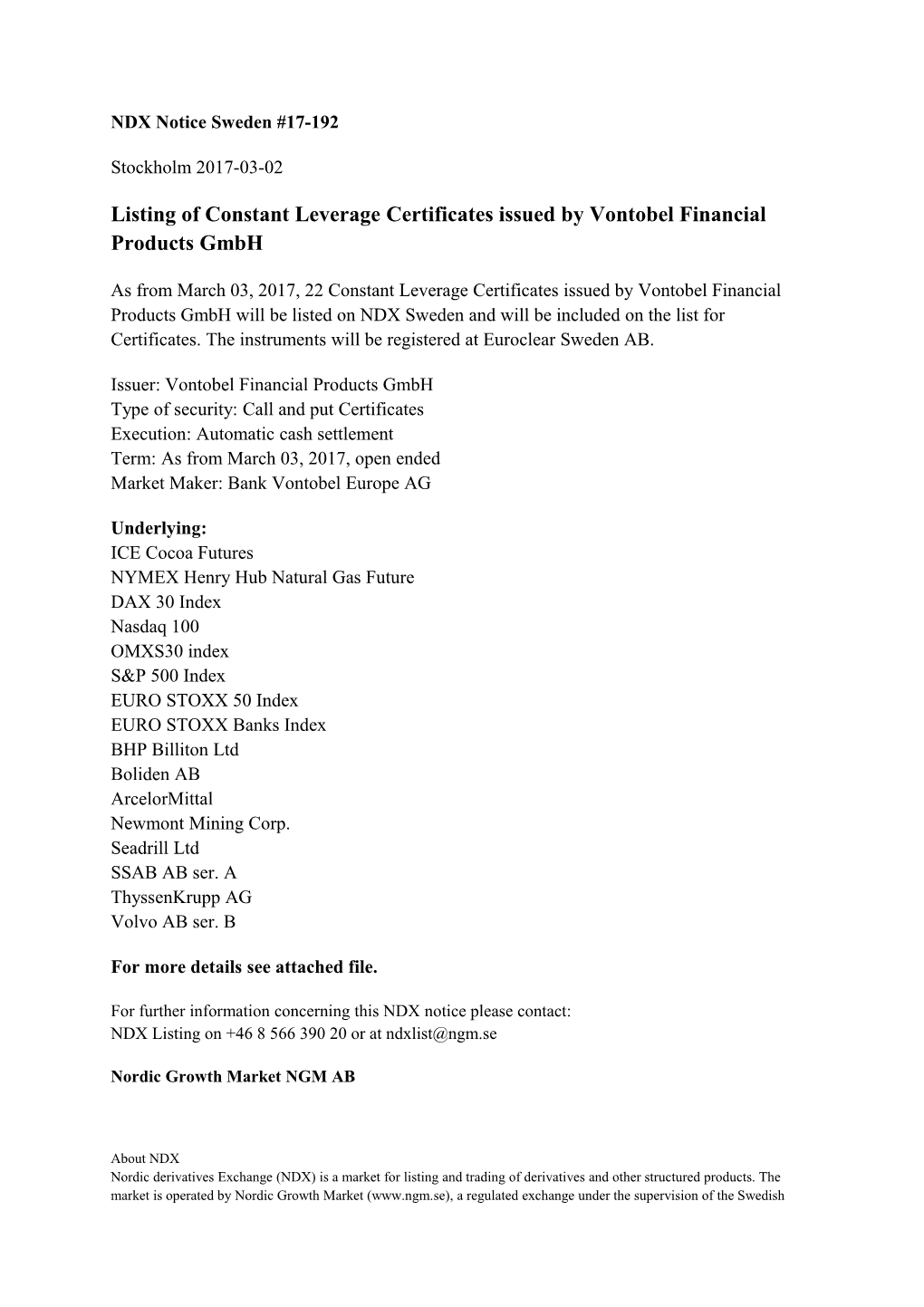 Listing of Constant Leverage Certificates Issued by Vontobel Financial Products Gmbh