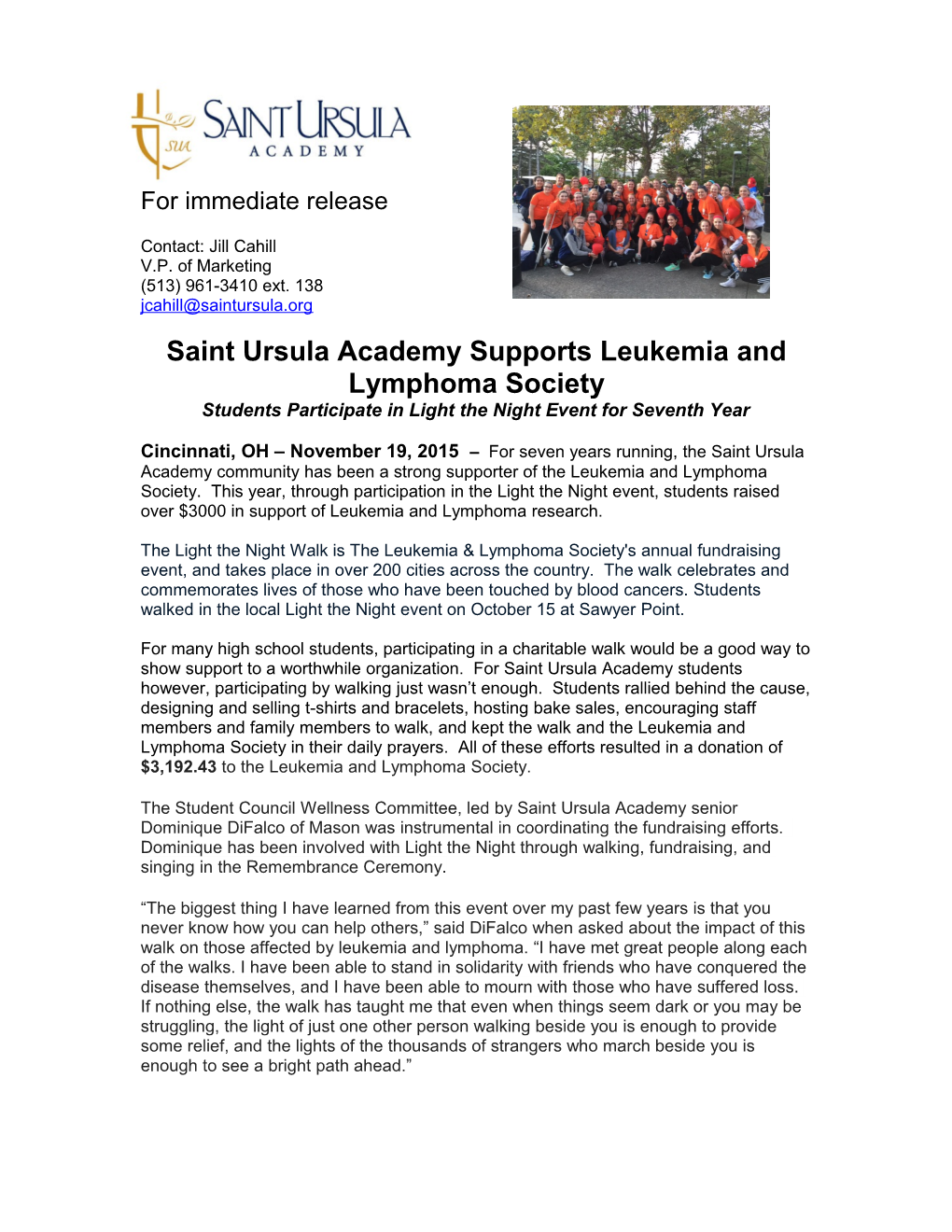 Saint Ursula Academy Supports Leukemia and Lymphoma Society