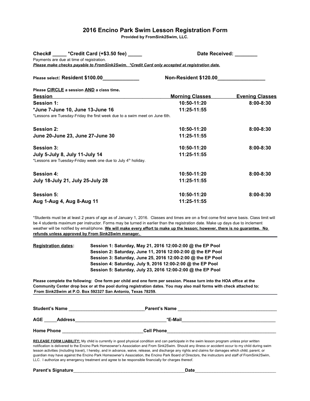 2016 Encino Park Swim Lesson Registration Form