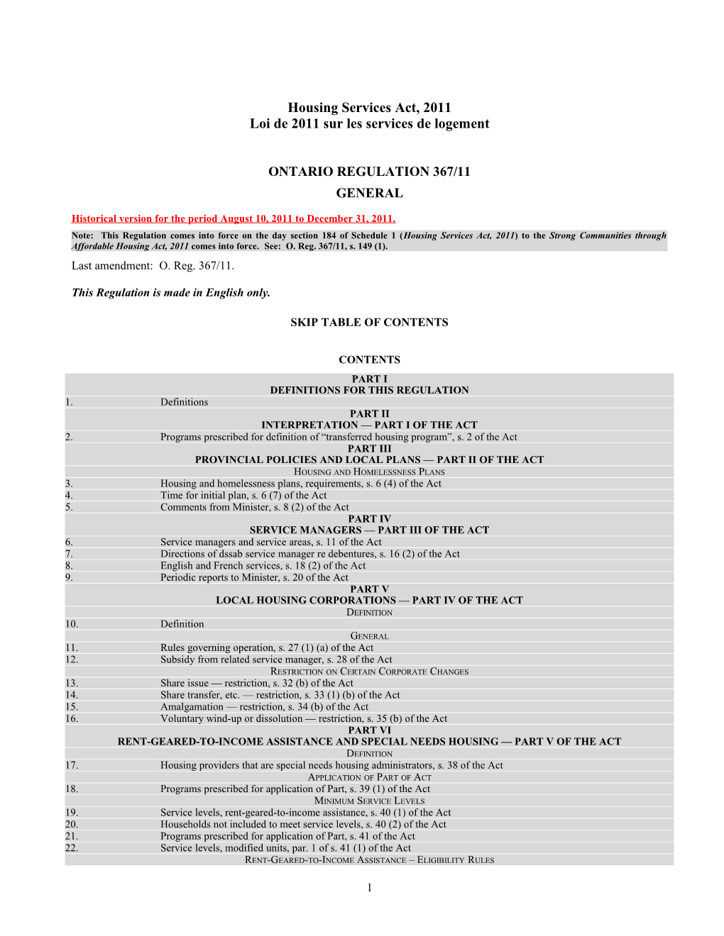 Housing Services Act, 2011 - O. Reg. 367/11 s1