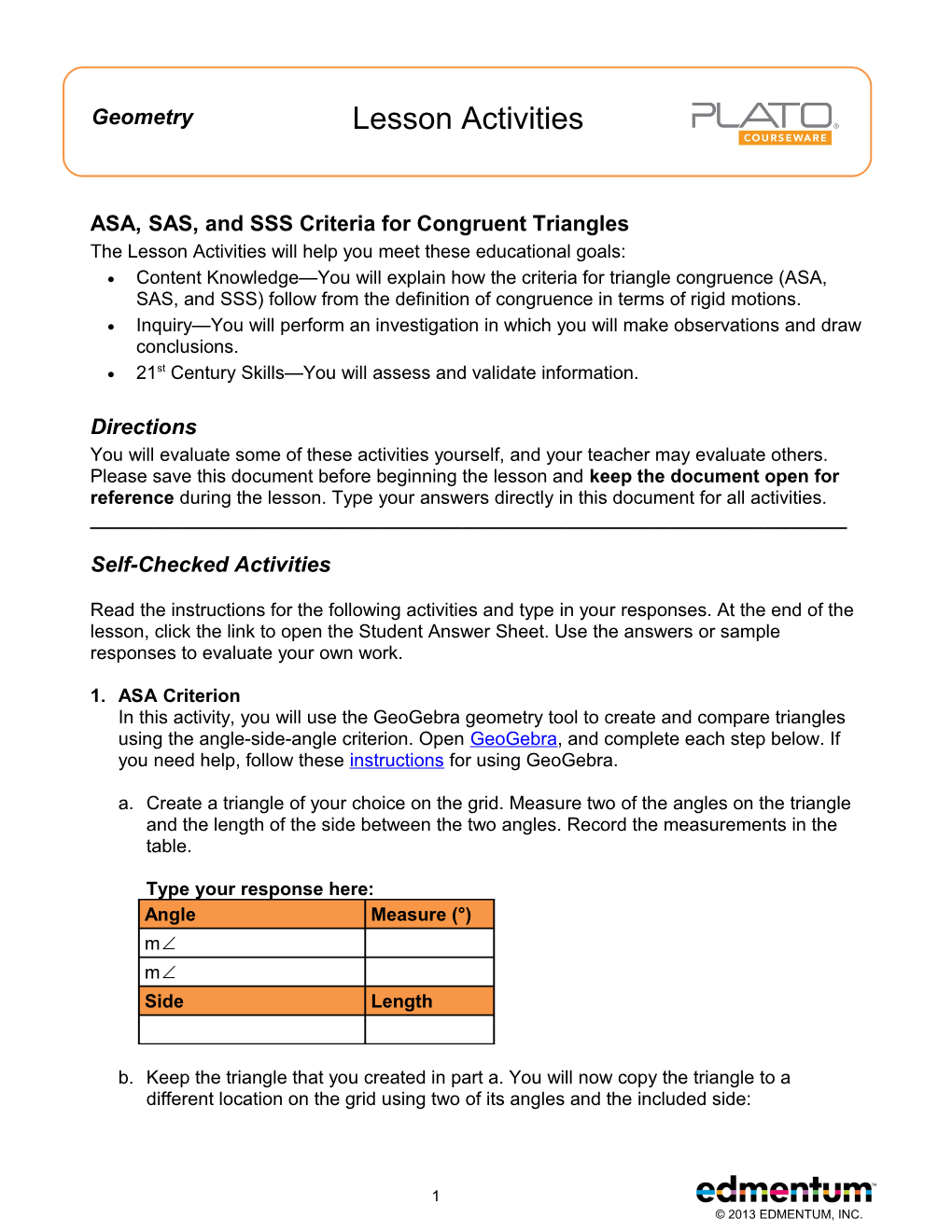 ASA, SAS, and SSS Criteria for Congruent Triangles