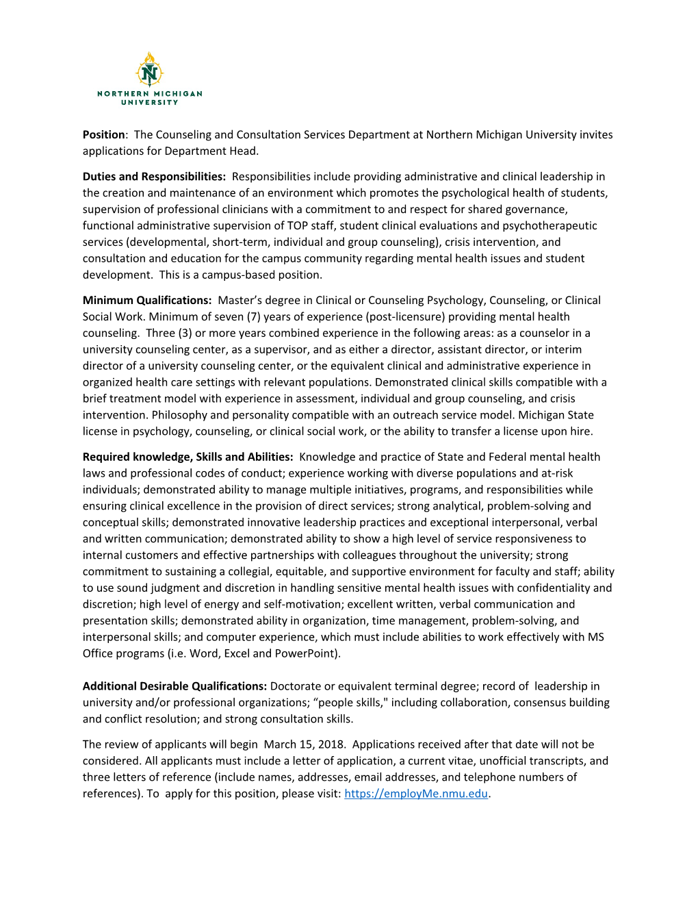 Position: the Counseling and Consultation Services Department at Northern Michigan University